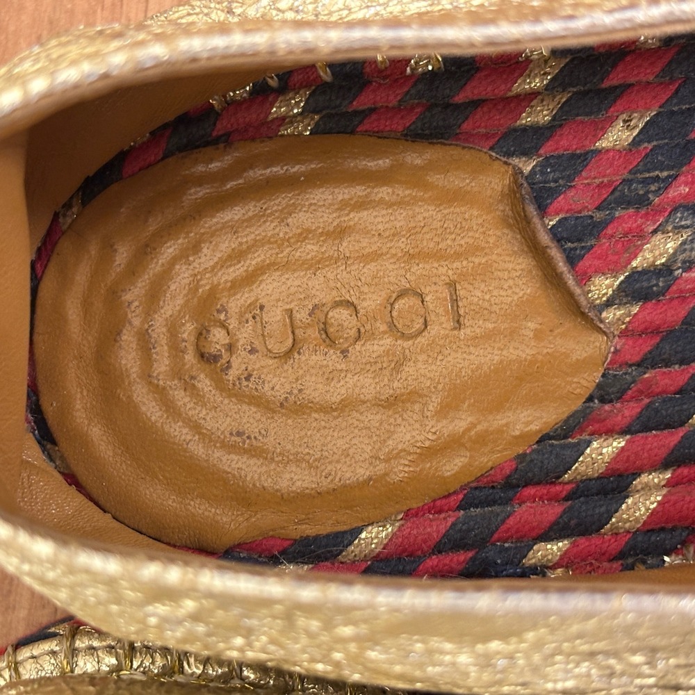 GUCCI Crinkled Leather Web Pilar Bee Espadrille Flat Gold Women Size 40 Slip On - Picture 2 of 14